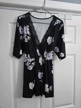 SHEIN Black Floral Lace-Trim Top with Lavender Blooms And Tie Back
